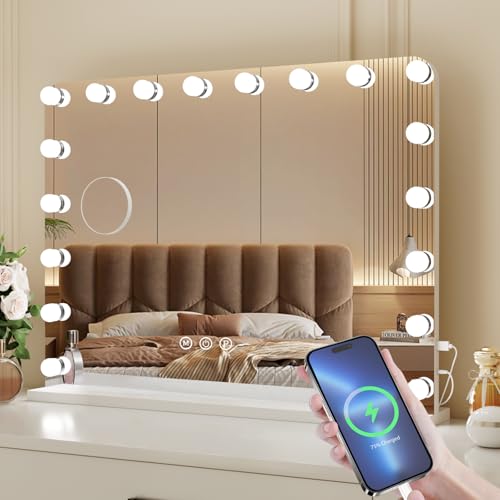 VOWNER Hollywood Espejo Maquillaje con Luz, 18 LED Regulable, Espejo de tocador con 3 Colores de luz, Control Táctil, Espejo de vanidad, Puerto USB y 10 Lupa, para Dormitorio