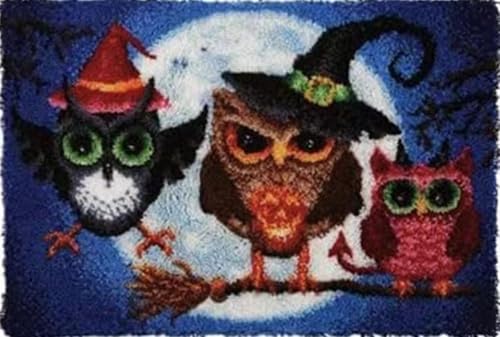 Howie's Latch Hook Kits for Adults, DIY Halloween Latch Hook Kit Rug Crochet Yarn, Color Preprinted Pattern Embroidery Decoration(Halloween Owls, 19.69 x 14.96 inch)