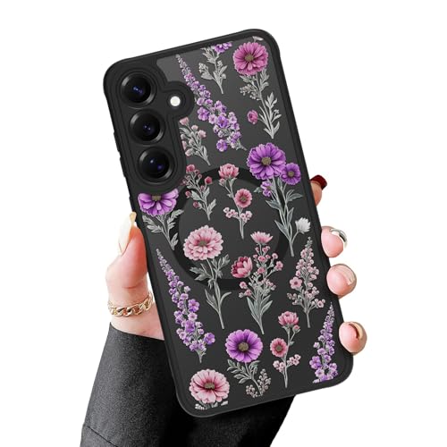 MZELQ Magnetic Case for Samsung Galaxy S25 Plus, Clear Purple Flower