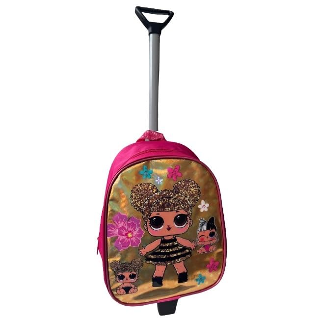 TahTicMer Anaokulu Çocuk çekçekli Valiz Sırt Çantası Çekçekli 2in1 şeker Bebek Desenli ön Yüzey 5D Boyutlu Pembe Sarı