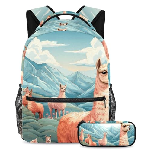 Sac à dos alpaga grand compartiment imprimé artistique haute définition avec trousse de cours