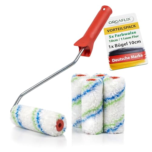 ORGAFLIX Profi Farbwalze 10cm 5 Stück inkl. Farbroller-Bügel Ideal für alle Untergründe Florhöhe 11mm Kern 15mm Farbroller Wandfarbe Malerrolle klein Malerwalze Maler-Zubehör Maler-Set