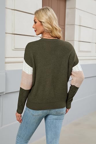 Womens Sweaters Striped Color Block Cable Knit Fall Sweater Long Sleeve Crewneck Oversized Pullover Tops2