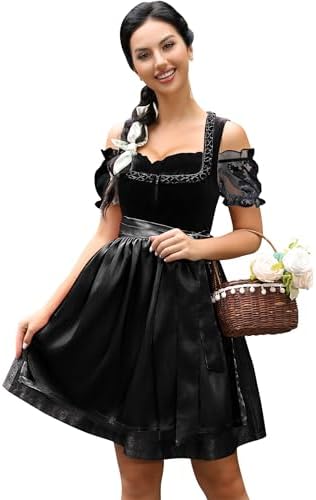 KOJOOIN Dirndl Damen Kurz 3tlg. Midi Trachtenkleid Samt Trachtenmode Kleid Set für Oktoberfest Besondere Anlässe inkl. Dirndlkleid,Dirndlbluse,Dirndlschürze(Verpackung MEHRWEG)