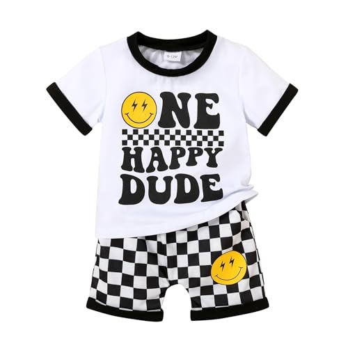 Happy Town Baby Boy Summer Clothes One Happy Dude 1st Birthday Outfits Smile Cool Short Sets(Black and white grid 12-18 Months)