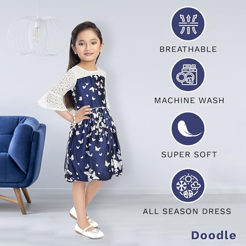 Image of Doodle Butterfly Dress for Girls | Breathable Kids Frock & Dresses | Western Frocks with Waist Band & Round Collar | Knee Length with Layered Bell Sleeves (Option Navy | Age 4 to 12 Years)