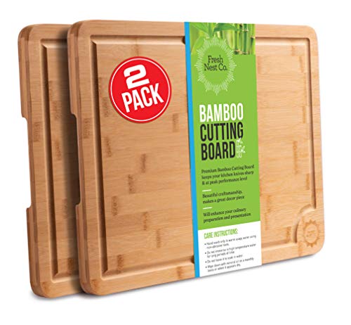 2-Pack Extra-Large Bamboo Cutting Boards for Kitchen by Fresh Nest Co. | Big Wooden Cutting Board Set | Thick Charcuterie Cheese Boards with Handles and Juice Groove Drip Edge | Organic Chopping Block