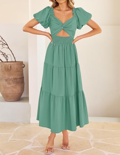 Image of ZESICA Womens Summer Casual Flowy Vacation Maxi Dress 2026 Short Puff Sleeve A Line Smocked Cutout Beach Party Dresses