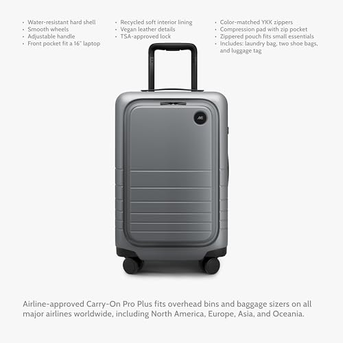 Image of Monos Carry-On Pro Plus Luggage 23 Inch - Hardside Spinner Suitcase with TSA Lock & Laptop Front Pocket | Airline Approved, 42L Polycarbonate Rolling Carry On | Fits 16 inch Laptop | Storm Grey