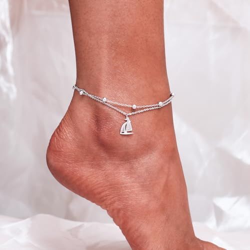 Image of CHIC & ARTSY 925 Sterling Silver Ankle Bracelets for Women, Adjustable Layered Foot Chains with Nature & Symbol Charms, Lightweight Comfort Fit Boho Beach Everyday Jewelry