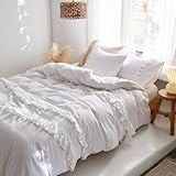 Simple&Opulence Ruffled Linen Duvet Cover Set 3Pcs with Vintage Shabby Chic Multiple Frills (1 Comforter Cover & 2 Pillowcases) Natural Flax Cotton Blended Luxury Bedding - White, Queen Size