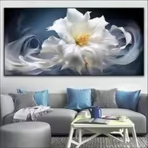 Toile fleurs de lys blanc décoration maison grand format 30x60cm avec cadre interne