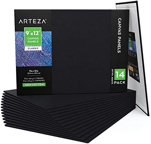 ARTEZA Black Canvas Boards for Painting, 9 x 12 Inches, Pack of 14, Blank Canvas Panels for Acrylic, Oil and Gouache Painting