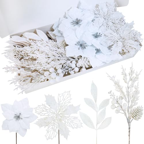 Winlyn 35 Pcs Christmas Artificial Poinsettia Flowers Picks and Artificial Leaves Sprays White Glitter Christmas Floral Picks for White Christmas Tree Wreath Garland Holiday Centerpiece Decorations