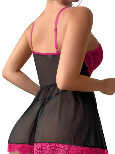 Image of Lilosy Plus Size Curvy Sexy Garter Belt Mesh Lace Babydoll Lingerie Dress Set with Thong Women Floral NightDress Nightwear Cute Underwire Push Up Corset Outfit Sheer Slip Blcak Hot Pink 4X-Large
