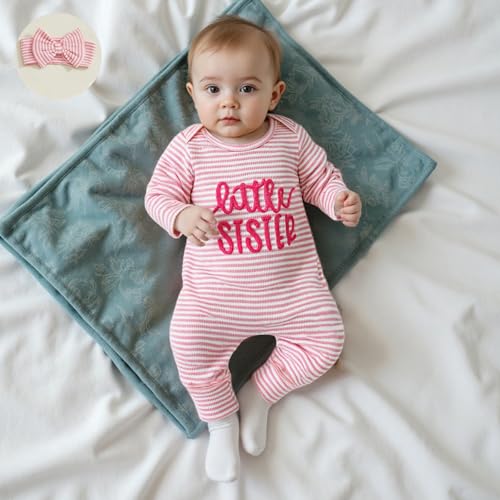 Little Sister Newborn Outfits Baby Girl Fall Winter Long Sleeve Romper Striped Jumpsuit Preemie Coming Home Outfit3