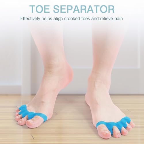KTSAY Silicone Toe Separators for Women & Men - Toe Spacers for Bunion Relief, Hammer Toe, Plantar Fasciitis & Pedicures | Includes Metatarsal Pad & Therapeutic Yoga Cushion for Foot Pain (2, Blue)