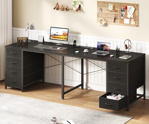 TVU 78" 2 Person Desk with 8 Fabric Drawers, Long Computer Desk Home Office Desk with Storage, Two Person Double Desks with Power Outlets, Brown and White