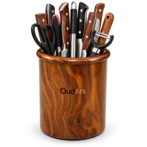 Image of Wood Knife Stand /Holder - Empty Wood Knife Box /Knife Organizer for Kitchen Cutlery, Scissors, and Spoons (Brown, Round Utensil Holder)