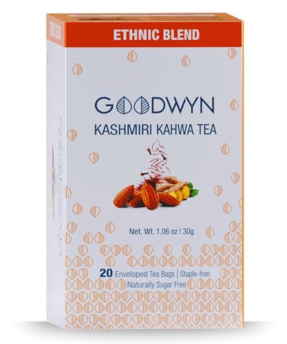 Image of Goodwyn Kashmiri Kahwa Green Tea (20 Tea Bags) | Authentic Herbal Qawah with Saffron, Almonds & Spices | Low Caffeine Herbal Tea | Non Bitter | Plastic Free Tea Bags