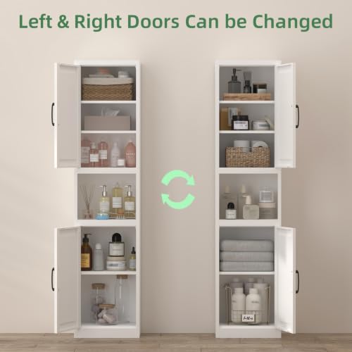 Image of Bathroom Storage Cabinet, White Cabinet with Shelves and Doors, Narrow Storage for Laundry, Tall Cupboard for Kitchen