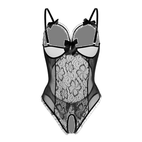 Women's Lace Teddy Lingerie, Mesh Bodysuit with Bow Detail, Plus Size Available, Sexy Lingerie for Women Small Black