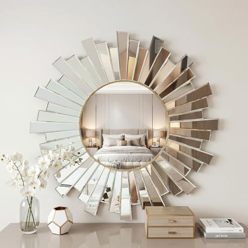PERHOM Large Gold Sun Mirror, 26"x26" Starburst Mirror Glass Frame