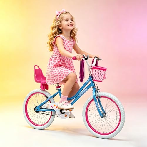 Image of WinHope Girls Bike with Doll Seat, 12 14 16 18 20 Inch Kids Bike for 2-12 | Dual Brake with Training Wheels / Kickstand & Streamers Birthday Gift for Toddler Outdoor Riding, Multiple Colors