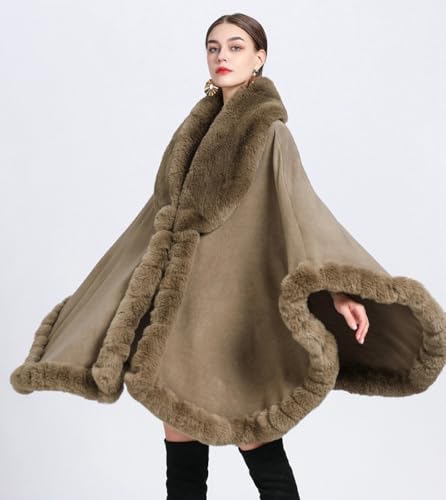 Image of Women Poncho Cape Faux Fur Collar Knitted Cardigan Sweater Batwing Long Sleeve Shawl Wrap Coat Oversized Cloak