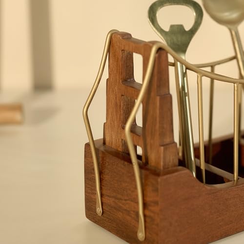 Image of Brick Brown Premium Golden Gate Cutlery Holder | Spoon Stand for Kitchen & Dining Table | Cutlery Stand & Tabletop Cutlery Box | Spoon Holder Caddy with 3 Section Wood & Metal (10.2x3.6x6 inch)