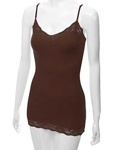 XT1004L Ladies Adjustable Spaghetti Strap Lace Trim Long Tunic Cami Tank Top Brown XL