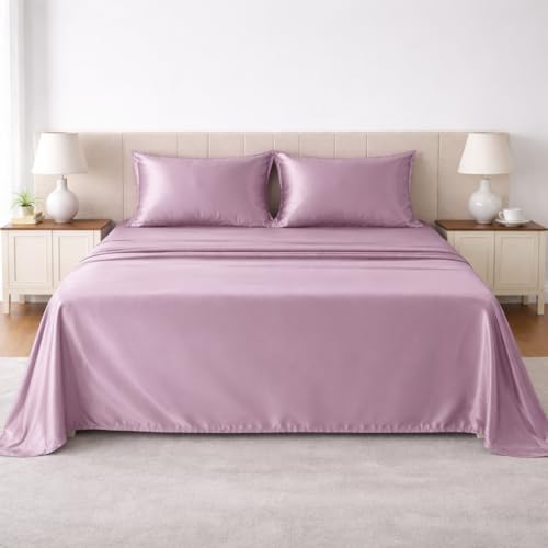 Image of LANE LINEN 100% Cotton Satin Fantasy Bedsheet Double Size - Lilac