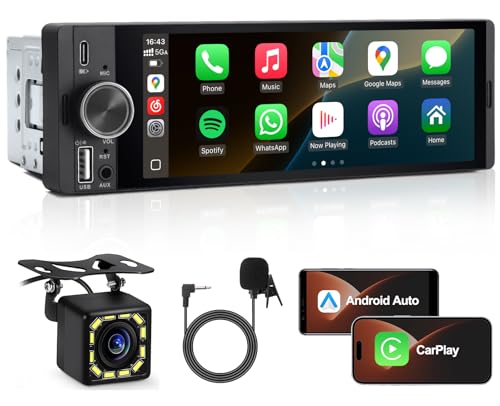 MRSXWPY Single Din Car Stereo, 1 Din Car Radio with Wireless CarPlay & Android Auto, 6.36 Head Unit with Backup Camera, Voice Control, Mirror Link, FM, Bluetooth Hands-free Calling, SWC, EQ, Type-C