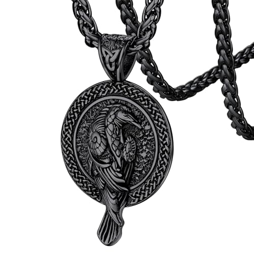 FaithHeart Viking Raven Necklace for Men, Norse Mythology Raven Skull Pendant Sturdy Stainless Steel Amulet Jewelry Gift for Men Black Round
