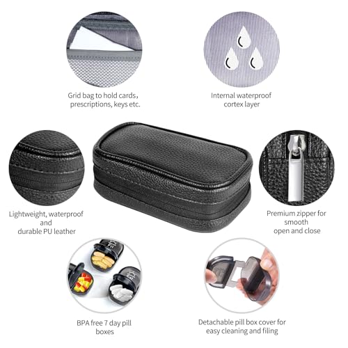 Image of Serfeymi Weekly Travel Pill Organizer 2 Times A Day AM PM Upgraded Black Pill Box 7 Day with Portable Zipper PU Leather Pill Case, Medicine Organizer for Pills, Vitamins, Fish Oils - Black 01