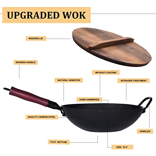 Xeeyaya Carbon Steel Wok Pan With Lid, Chinese Flat Bottom Woks And Stir Fry Pans, 12.5" Hand Hammered Traditional Wok For Electric, Induction & Gas Stoves #TOP1