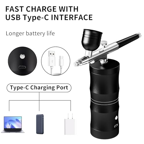 Image of Airbrush Kit with Compressor Portable Airbrush Kit 48PSI High-Pressure Non-Clogging Air Brush Set Cordless Rechargeable with 0.3mm Nozzle and Cleaning Brush for Painting,Nail Art, Makeup (Black)