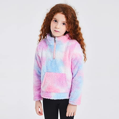QPANCY Girls Tie Dye Sherpa Pullover Quarter Zip Casual Fuzzy Fleece Sweatshirt with Pocket2