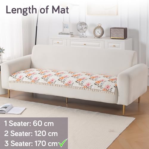 Image of HOKIPO Painterly Floral Quilted Sofa Cover Mat for 3 Seater Sofa with Tassels 'Tassel Twigs' Series (IN-985-T8)
