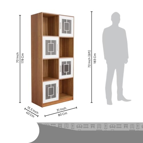 Image of Cube Polycarbonate Sheet Engineered Wood Open & Closed Bookshelf | Display Unit | Open 4 Shelves & 4 Door Cabinet Storage for Home & Office|1 Year Warranty (Finish - Leon Teak, Knock Down)