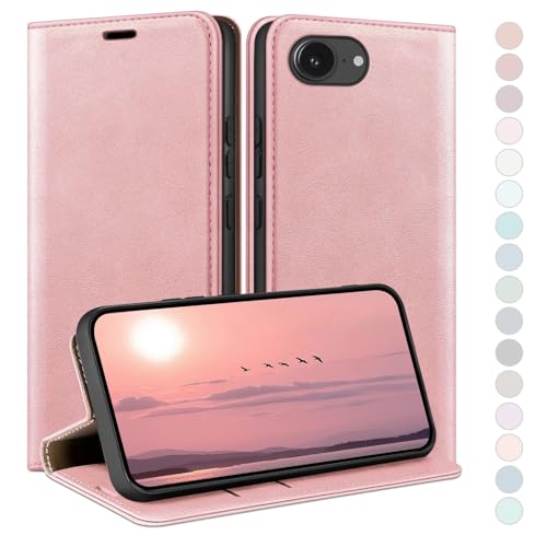 HUOUH - HUOUH Coque pour iPhone 16e 6.1" avec RFID Blocage Etui à Rabat en Cuir de Premium,Fentes pour Cartes,Coques de Case,Cover à Rabat pour Apple 16e Portefeuille Or Rose