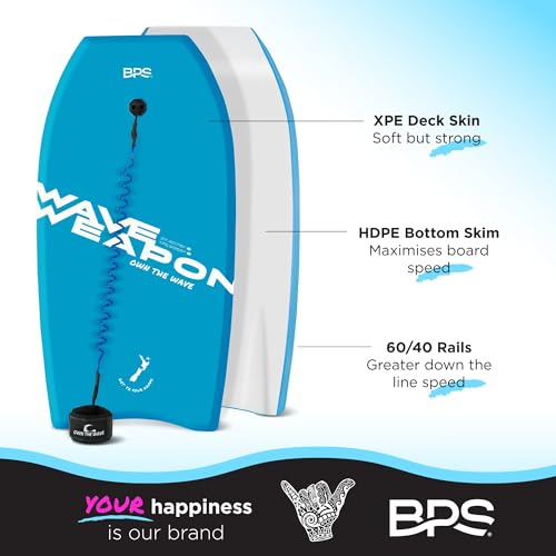 Own The Wave 41 Inch Body Board for Adults and Kids - HDPE Slick Bottom & EPS Core - Light Weight Bodyboard Perfect for Surfing - Comes with Coiled Leash and Swim Fin Tethers (Blue & White)