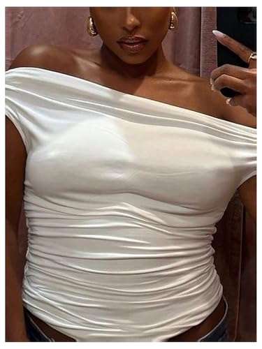 WDIRARA Women's Plus Size Off Shoulder Short Sleeve T Shirt Ruched Asymmetrical Tee Tops3
