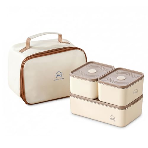Image of House of Quirk 304 Stainless Steel Bento Lunch Box for Adults - 3 Leakproof Containers (1x1200ml + 2x600ml) with Insulated Thermal Carry Case, Stackable Portable Meal Prep Tiffin (Beige)