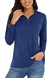KEFITEVD Langarmshirts für Damen Leichte UV Schutzkleiung Sportshirt Frauen Longsleeve Shirt UPF 50+ Rash Guard Wandershirt mit 1/4 Reißverschluss Joggingshirt Dunkelblau Meliert M
