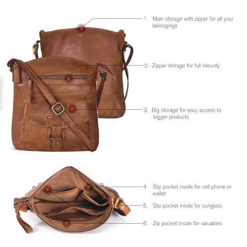 Oak Leathers Leather Crossbody Bag For Women With Adjustable Sling Strap - Medium Size Crossover Shoulder Handbag Purse (Tan Wash)
