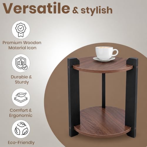 Image of Modern Round Side Table, Home Decor for Living Room, Bed Side Tables for Bed Room, stools for Home, Furniture for Home, 2-Tier White Shelves, 30 x 30 x 40 cm (Round Brown Top)