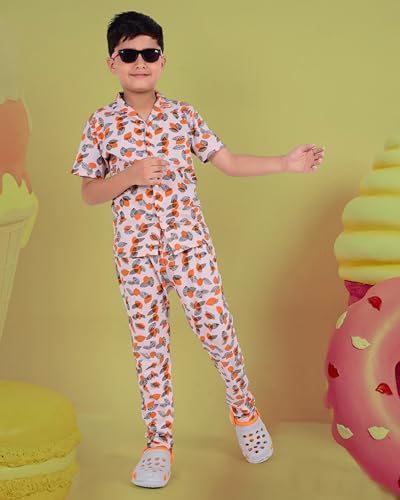 Image of 3BROS Unisex Pure Cotton Short Sleeve Kids Night Dress for Boys & Girls Nightwear /Sleepsuit /Sleepwear /Loungewear Night Suit for Boys and Girls Top and Pyjama Combo Set | JB20HS6031-Parent