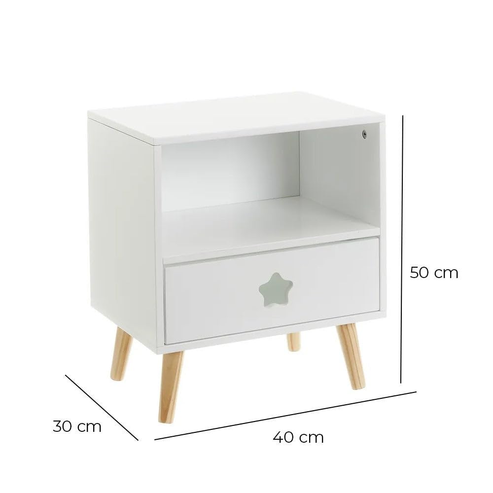 LOLAhome - Mesita de Noche Infantil con Estrella Tallada en Madera de Pino Blanca de 40x30x50 cm. Incluye cajón con guías metálicas para organizar Objetos y Dar un Toque Dulce al Dormitorio.