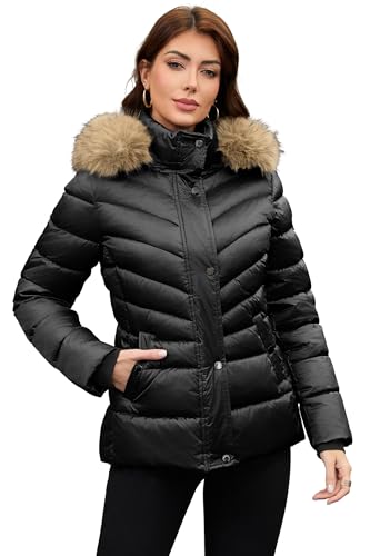 PAPILLON DOR Damen Glänzender Puffermantel mit abnehmbarem Kunstfellkragen & Kapuze - Regular Fit Winterjacke mit Knopftaschen & Rippbündchen (DE/NL/SE/PL Alpha L Regular Regular Schwarz)